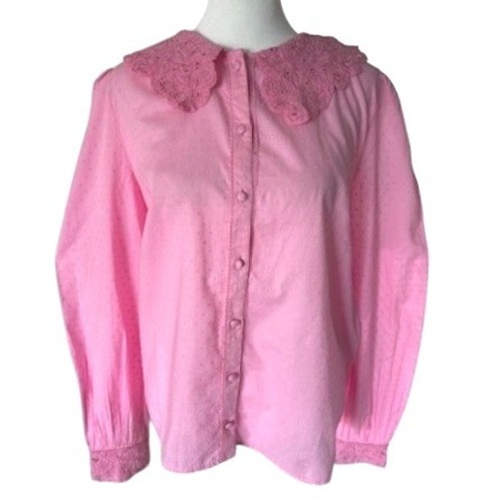 SEZANE Katherine Shirt 42 /10 Rose Flash Pink Swiss Dot Lace Collar Blouse NWT